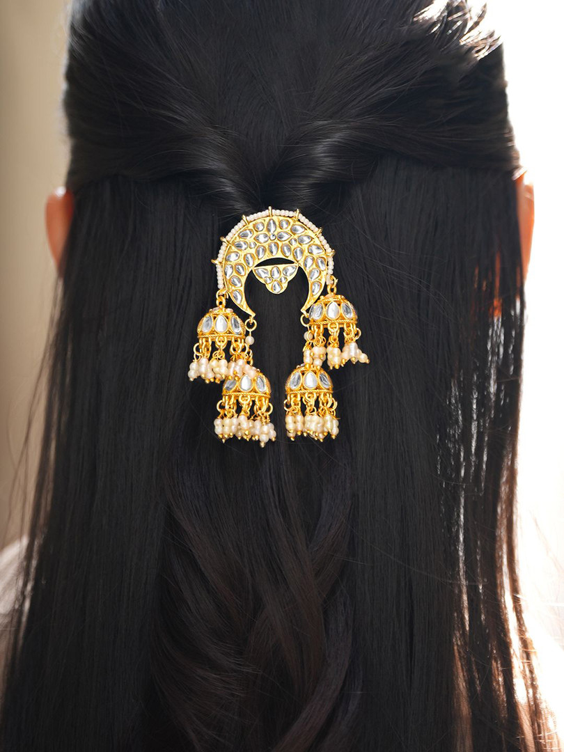 Rubans 18K Gold-Plated Crescent Kundan Hair Accessory with Pearl Beaded Jhumka Tassels